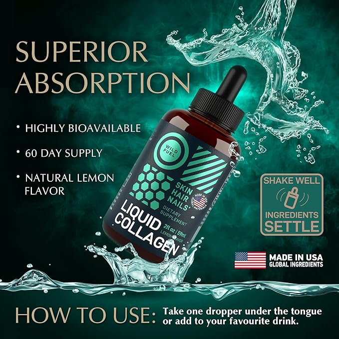 Liquid Collagen Peptides with Biotin Drops - 30000mcg Biotin and Collagen Liquid for Women and Men - Youthful Skin Hair Growth Strong Nails - Hair Vitamins for Hair Loss - Lemon Flavor - 2x2oz