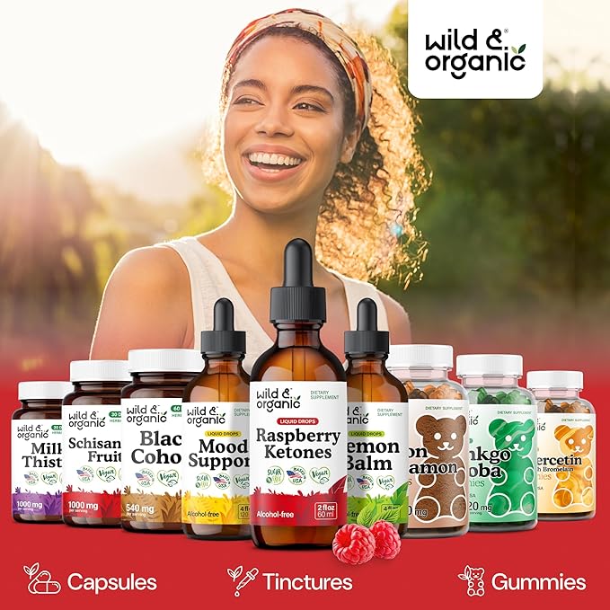Wild &amp Organic Raspberry Ketones Extract Tincture - Liquid Raspberry Ketones Supplement - 2-Month Supply - Vegan Sugar &amp Alcohol-Free - 2 fl oz