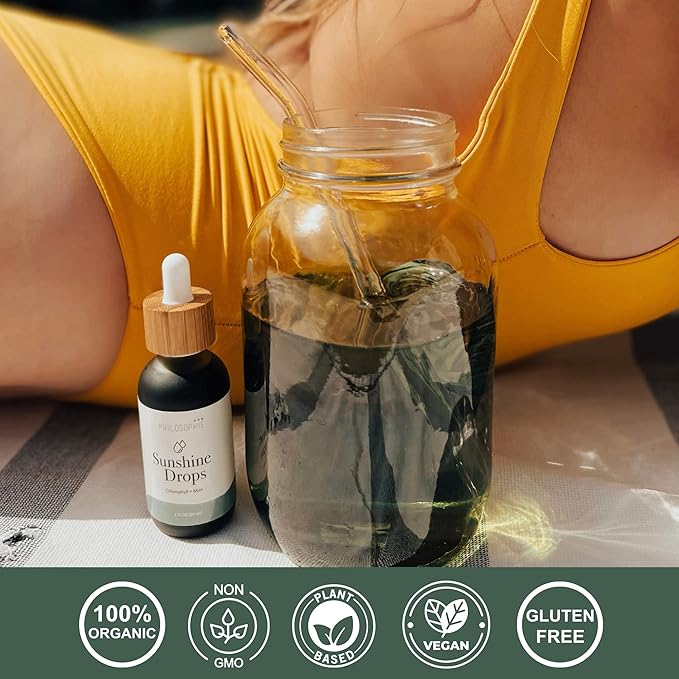 Philosophie Liquid Chlorophyll Sunshine Drops for Water | Organic Chlorophyll Drops with Mint for Detox Internal Deodorant &amp Energy Boost | Natural Vegan Supplement Non-GMO 2oz