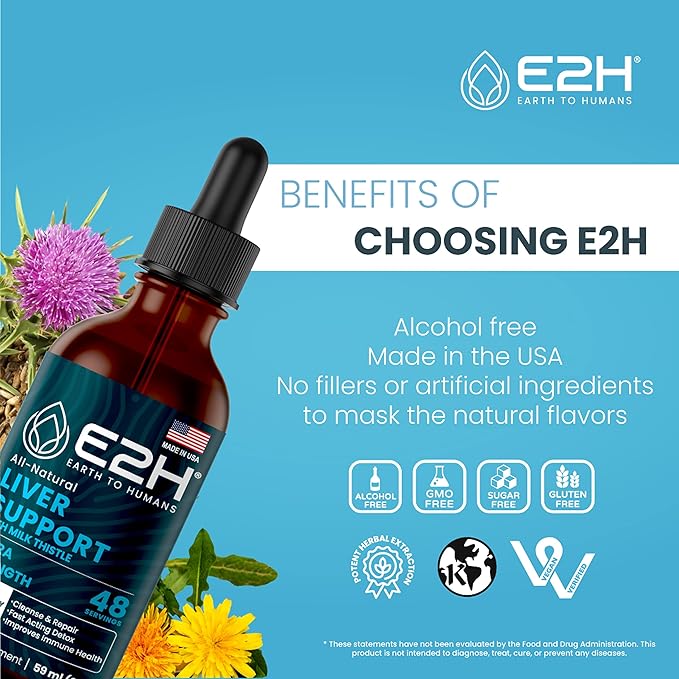 E2H Liver Support Supplement with Milk Thistle - Liver Health Formula - Artichoke Extract Dandelion Root Chanca Piedra and More - Absorbent Liquid Formula (2 Bottles)