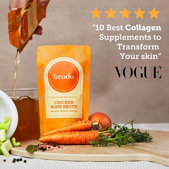 Brodo Organic Chicken Bone Broth Protein-Rich Bone Broth with Collagen Nourishing Chicken Broth Low Sodium for Sipping and Cooking Slow-Simmered for Deep Flavor (4x 25 oz. Pouches)