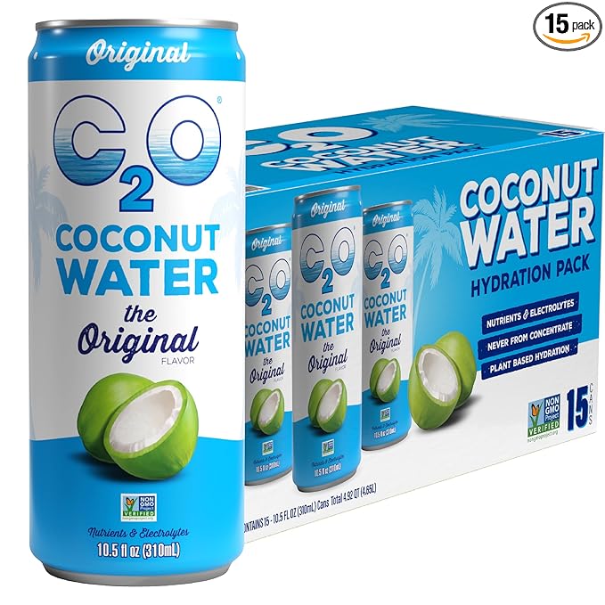 C2O - Coconut Water The Original Flavor (15 Pack) - Made with Fresh Coconut Water - Plant Based - Non GMO - Canned Water - Natural Hydration Electrolytes &amp Potassium - 15 Cans 10.5 FL OZ
