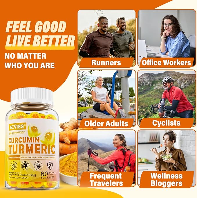 Sugar Free Turmeric Curcumin Filled Gummies 550mg for Adults Ginger &amp Black Pepper | 95% Curcuminoids w/Prebiotic Probiotic &amp Postbiotic Blend Support Immune &amp Digestive Health Vegan 6