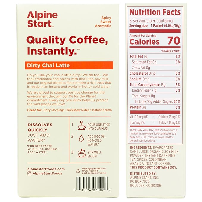 Alpine Start Instant Coffee Original Blend Medium Roast - Individual Powder Mix From High Altitude Arabica Coffee Beans - Hot or Cold Brew for Home Travel Camping Hiking Backpacking (Dirty Chai La