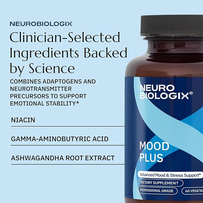 Neurobiologix Mood Plus for Men and Women Mood &amp Stress Support Supplement with GABA 5-HTP Ashwagandha Magnesium &amp Chamomile for Emotional Balance Relaxation &amp Serotonin Support 60 C