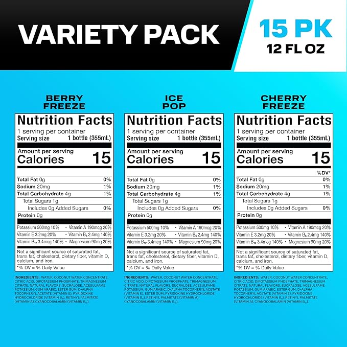 PRIME HYDRATION Berry Freeze Cherry Freeze &amp Ice Pop Sports Drinks 12 Fl Oz 15 Variety Pack &amp PRIME 32 oz Blue Squeeze Sports Water Bottles 12 Pack Bundle
