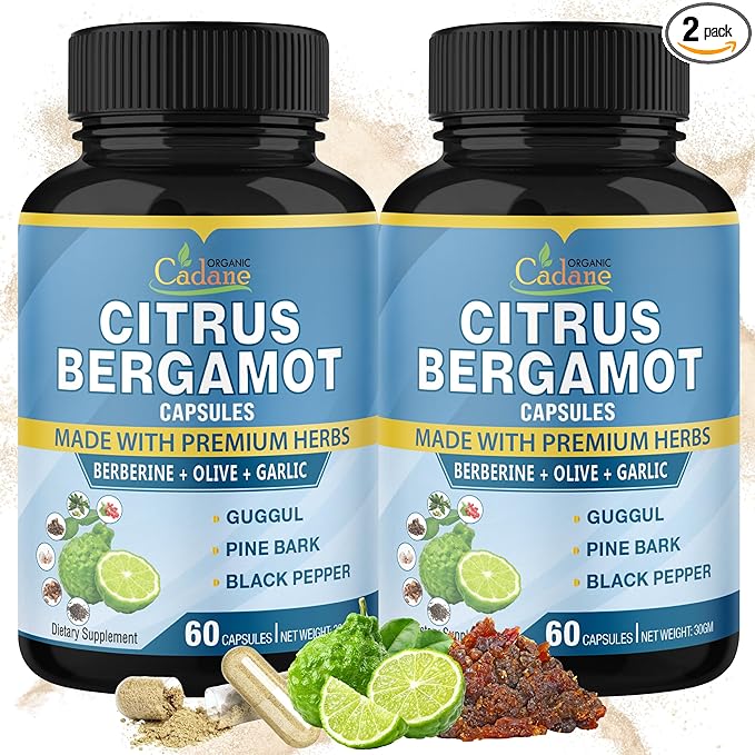 Cadane 2 Packs Citrus Bergamot Extract Capsules with Berberine Olive Guggul Garlic Pine Bark Black Pepper | 4 Months Supply