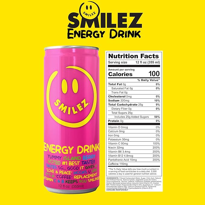 Smilez Energy Drink Island Berry 12 Fl Oz Cans (Pack of 24)