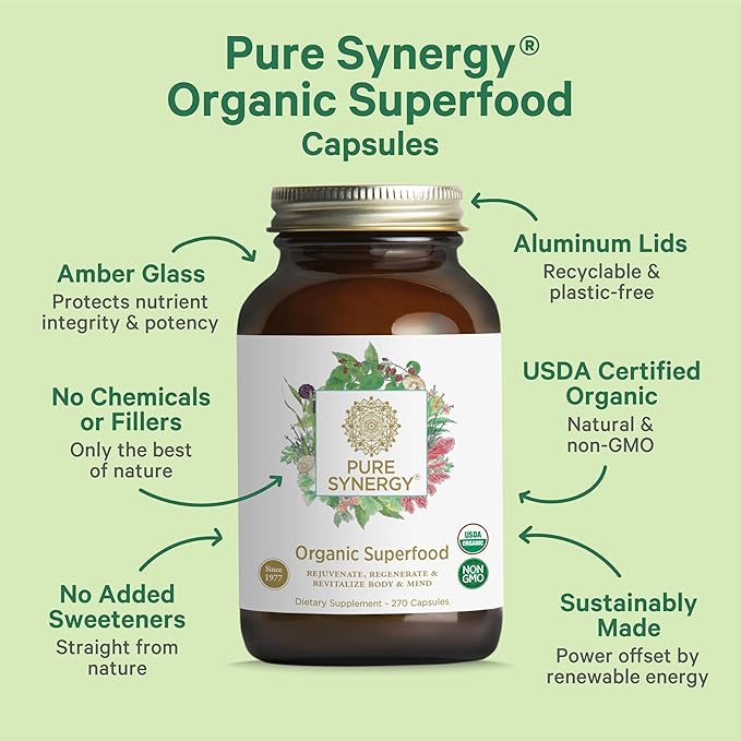 PURE SYNERGY Superfood Capsules | Organic Superfood &amp Greens Supplement | Whole Foods Like Super Greens Spirulina &amp Mushrooms | for Energy Healthy Aging &amp Immune Health (270 Capsules)