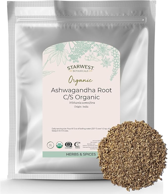 Starwest Botanicals Organic Ashwagandha Root - Dried Herb for Tea &amp Herbal Blends Cut &amp Sifted Certified Kosher Non-GMO - Bulk 1 lb Bag