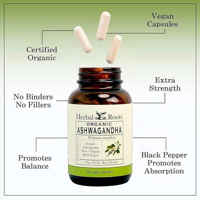 Herbal Roots Ashwagandha Capsules | Extra Strength 1000mg per Serving | Ayurvedic for Overall Health for Men and Women | 60 Vegan Capsules