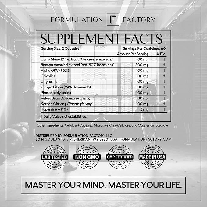 Formulation Factory Nootropic Brain Supplement - Boss Mode Focus &amp Memory Complex with Lion's Mane Alpha GPC &amp Bacopa - Cognitive Support - 120 Capsules 2 Month Supply