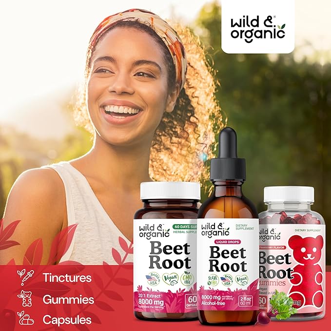 Wild &amp Organic Beet Root Tincture - 8000 mg Fresh Beetroot Extract Equivalent - Liquid Beet Root Supplements for Men &amp Women - 400 mg per Serving - Vegan Alcohol &amp Sugar-Free - 2 fl oz