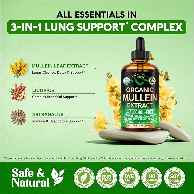 Mullein Drops for Lungs - USDA Organic Liquid - Mullein Leaf Extract Supplement - Made in USA - Lung &amp Bronchial Cleanse for Smokers - Respiratory Health Support - As Tincture Tea Pills - 4 fl o