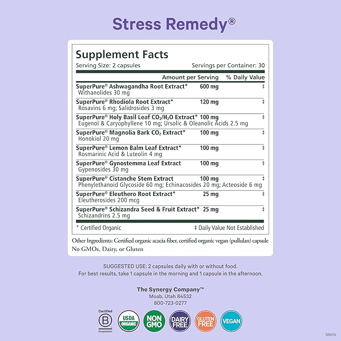 PURE SYNERGY Stress Remedy | Soothing Supplement with Ashwagandha | Organic Adaptogen Support from Rhodiola Lemon Balm and Holy Basil | for Stress Relief Adrenal Health and Mood (60 Capsules)