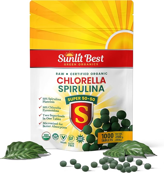 Sunlit Super 50/50 Organic Chlorella Spirulina Tablets - Super Greens Supplement for Immune Support Gut Health Mood &amp Energy - Rich in Chlorophyll Amino Acids &amp Vegan Protein 1000 Superfoo