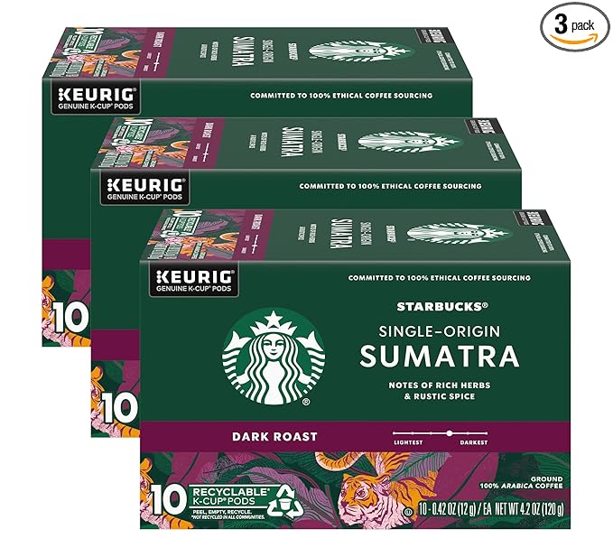 Starbucks Coffee K-Cup Pods Single-Origin Sumatra Coffee Dark Roast 100% Arabica Coffee Keurig Genuine K-Cup Pods 10 CT K-Cups/Box (Pack of 3 Boxes)
