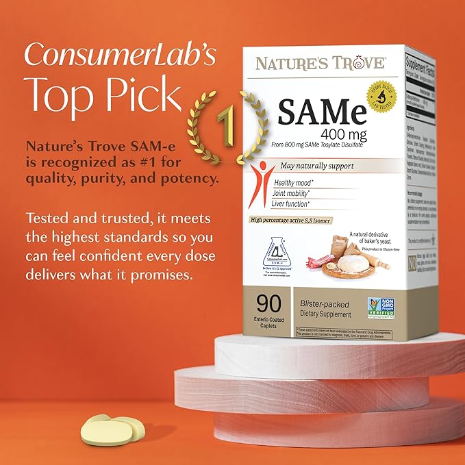 Nature's Trove SAM-e 400mg 90 Enteric Coated Caplets. Vegan Kosher Non-GMO Project Verified Soy Free Gluten Free - Cold Form Blister Packed.