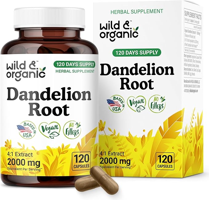 Wild &amp Organic Dandelion Root Capsules - Liver Detox &amp Cleanse Support - 2000 mg of Fresh Dandelion Root Powder per Capsule - 120 Vegan Capsules - 4 Month Supply - No Fillers Non-GMO
