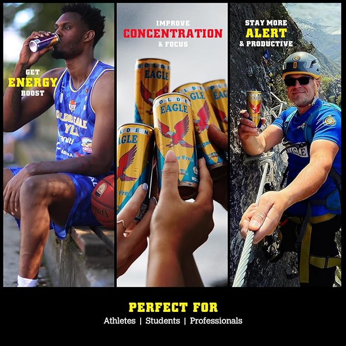 Golden Eagle Energy Drink - 8.4 fl oz Cans (24-Pack) - Albanian Energy Drink Real Sugar Enhanced Energy &amp Focus Vitamins &amp Minerals Perfect for Athletes &amp Professionals Natural Taste M