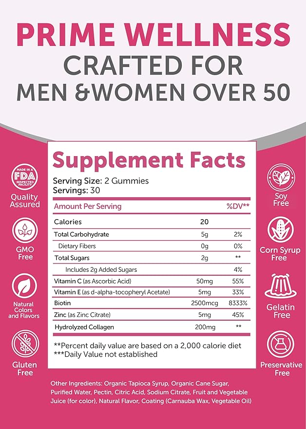 Lunakai USA Manufactured Collagen Gummies for Women &amp Men Over 50 Biotin &amp Vitamin C Supports Skin Elasticity Hair &amp Nail Strength Joint Support 60ct