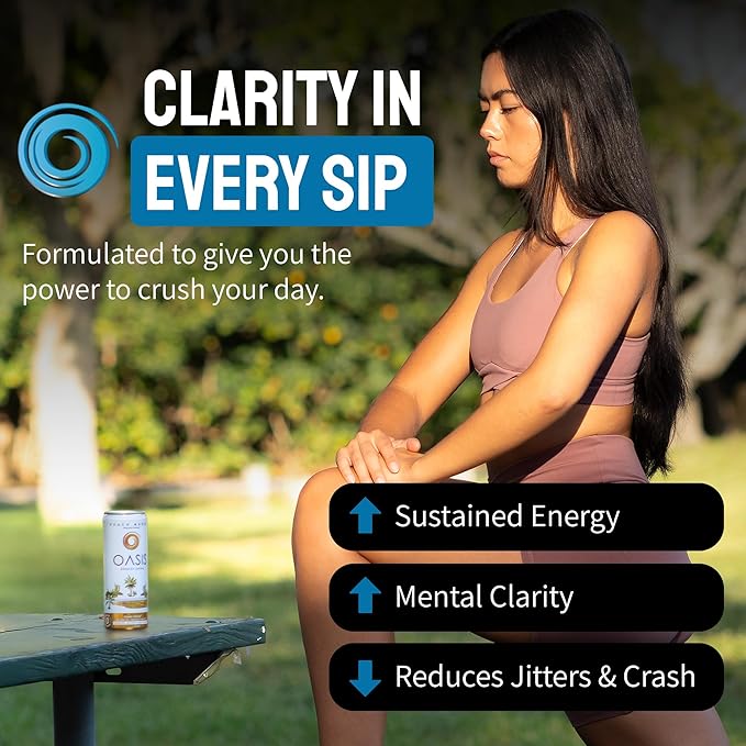 Oasis Energy Drink - Peach Mango (12-Pack) Smooth Clean Energy with Focus-Boosting Nootropics Zero Sugar Low-Calorie Vegan Gluten-Free Juicy Fruity Flavor Perfect for Work &amp Daily Workouts (