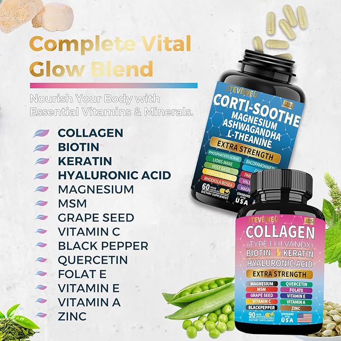 Shining Serenity Set Cortisol Support with Ashwagandha L-Theanine Magnesium Lions Mane GABA Bacopa Monnieri Collagen Biotin Keratin Hyaluronic Acid Quercetin