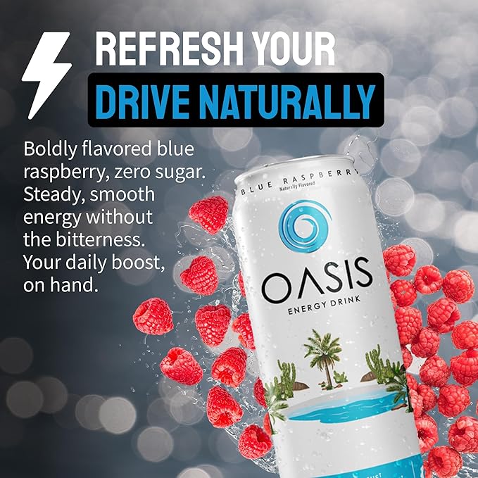 Oasis Energy Drink - Blue Raspberry (12-Pack) Smooth Clean Energy with Focus-Boosting Nootropics Zero Sugar Low-Calorie Vegan Gluten-Free Juicy Fruity Flavor Perfect for Work &amp Daily Workout