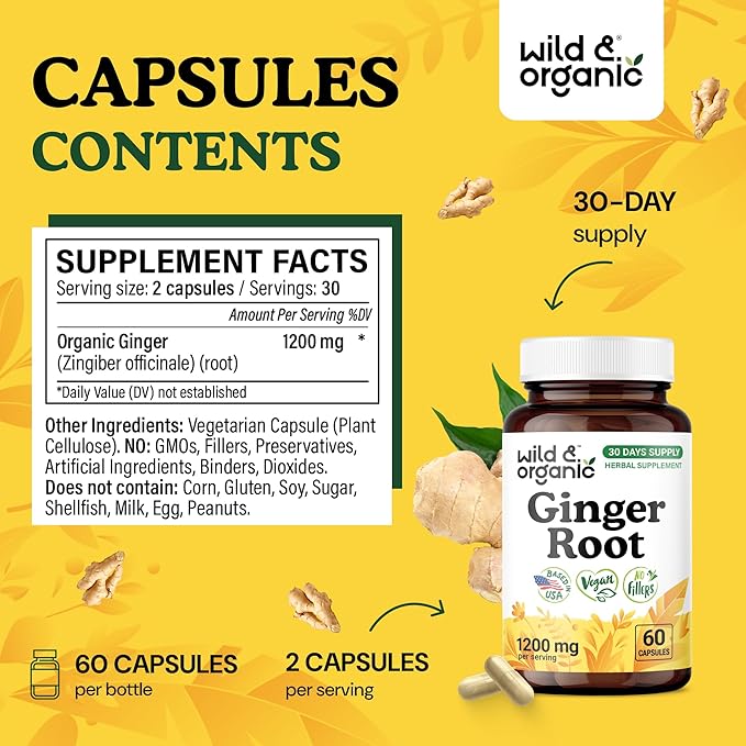 Wild &amp Organic Ginger Root Capsules 1200 mg - Immune &amp Digestive Support - Natural Ginger Supplements - Zingiber Officinale Powder - 30 Days of Supply - Vegan No Fillers Non-GMO - 60 Count