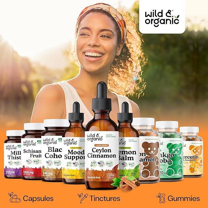 Wild &amp Organic Ceylon Cinnamon Extract Liquid Drops 500mg - Liquid Cinnamon Supplements for Overall Support - Cinnamomum Verum Bark Tincture - Vegan Sugar &amp Alcohol-Free Non-GMO - 2 fl oz