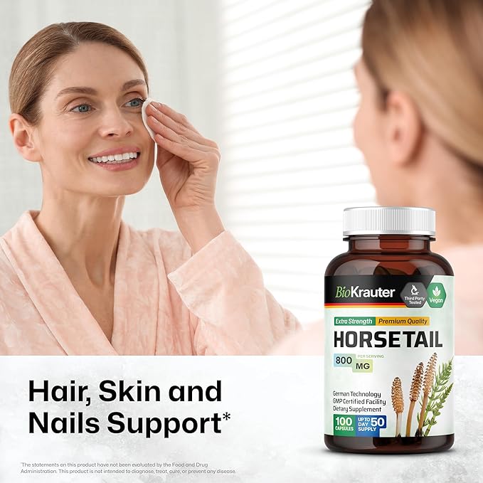 BIO KRAUTER® Horsetail Supplement for Hair Skin &amp Nails - Vegan &amp Pure Horsetail Herb in Capsules 800 mg per Serving 100 Count - Silica Hair Supplement - No Fillers Non-GMO - 50 Days of Supp