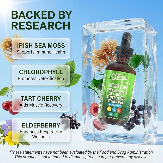 Clean Nutra Mullein Drops for Lungs Organic Chlorophyll Liquid Irish Sea Moss Spirulina Licorice Tart Cherry Lobelia Motherwort &amp Elderberry Mullein Leaf Extract Tincture Men Women Supplement