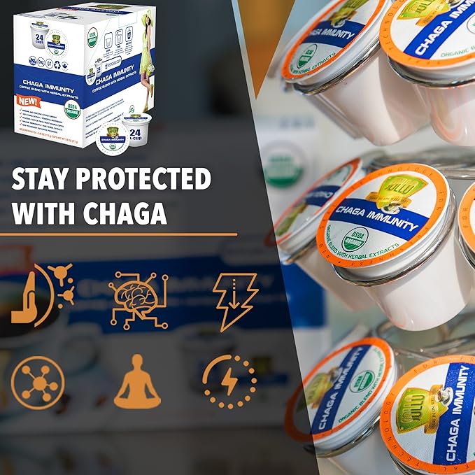 SOLLO Chaga Mushroom Infused Coffee Pods Boost Focus &amp Immunity Memory &amp Clarity Medium Roast Compatible With 2.0 K-Cup Keurig Brewers Organic by USDA No After Taste 24 Ct