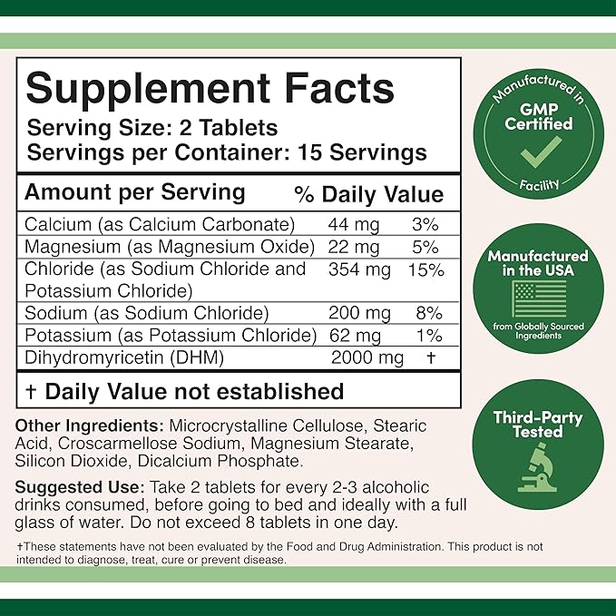 DHM1000 Dihydromyricetin (DHM) Tablets - Most Powerful DHM Supplement on The Market - 1000mg (30 Count) Enhanced with Electrolytes for Hydration and Liver Support by Double Wood