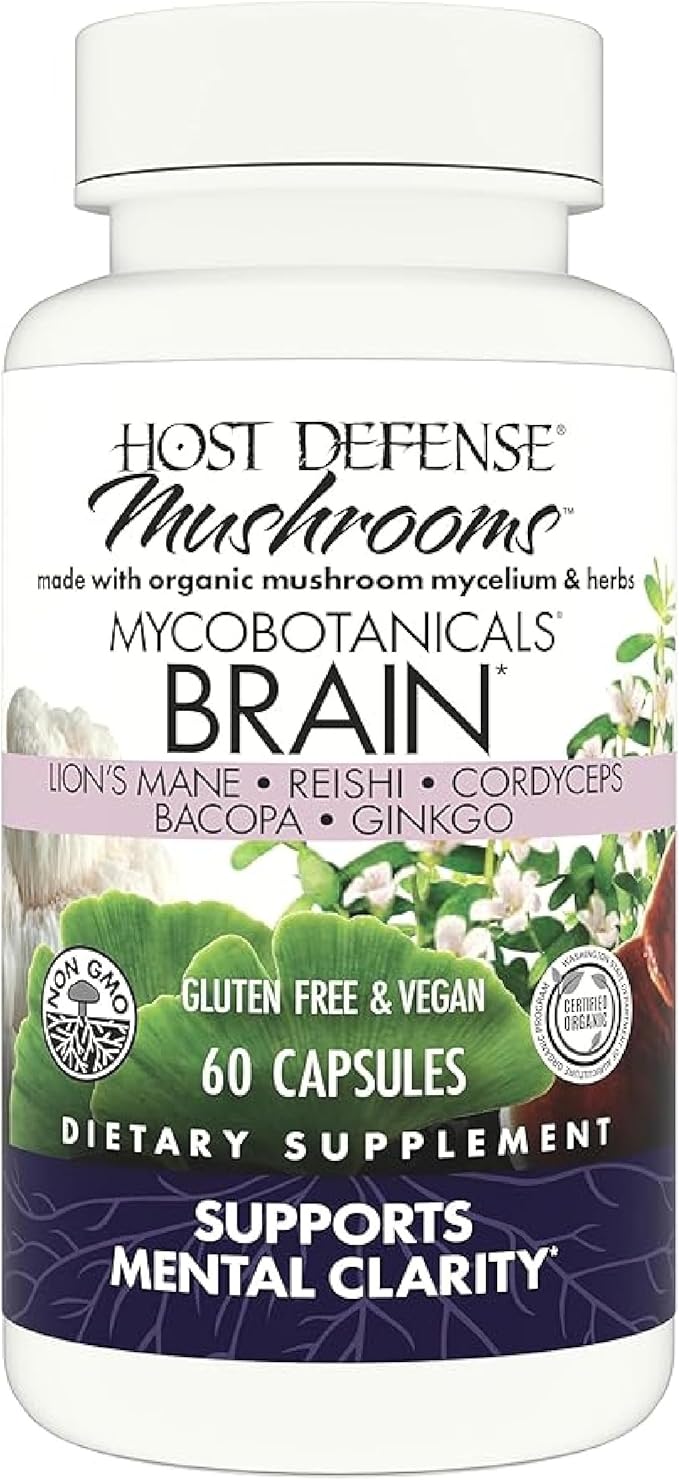 Host Defense MycoBotanicals Brain* Capsules - Brain Support Supplement with Lion's Mane Reishi &amp Cordyceps Mushroom - Herbal Supplement for Memory &amp Focus Support - 60 Capsules