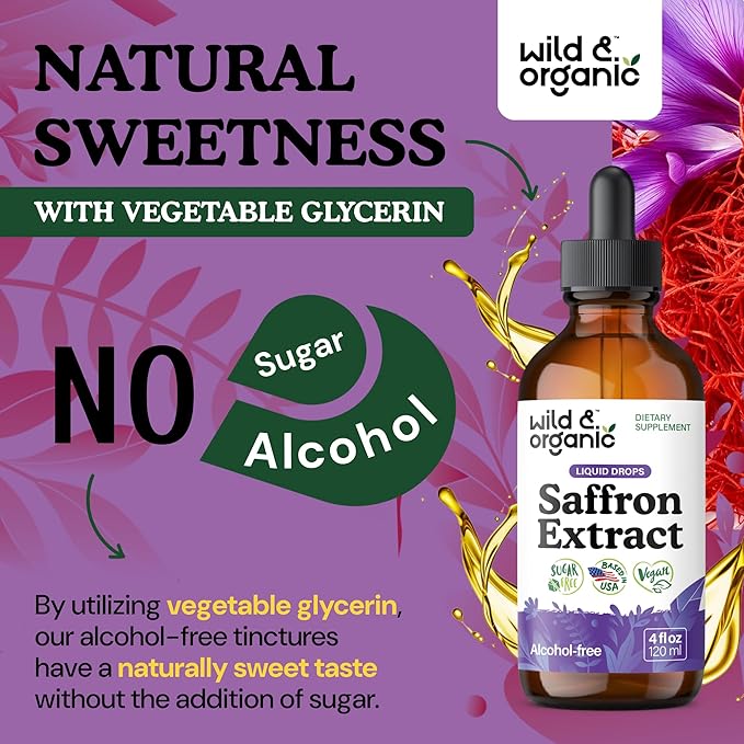Wild &amp Organic Saffron Supplements 88.5 mg - 5-Month Supply - Saffron Extract Drops for Mood Focus Eye Support - Crocus Sativus Liquid Extract - Vegan Alcohol &amp Sugar-Free Tincture - 4 fl o