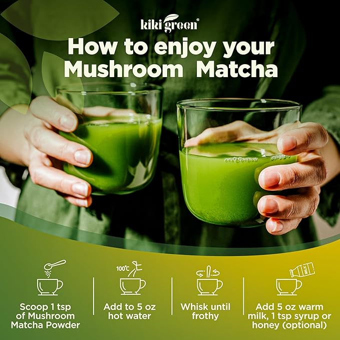 KIKI Green Mushroom Matcha Super Blend - Matcha Powder with Lion's Mane Chaga Reishi Cordyceps - Mushroom Coffee Alternative for Energy Focus Immunity - 8 oz 40 Servings