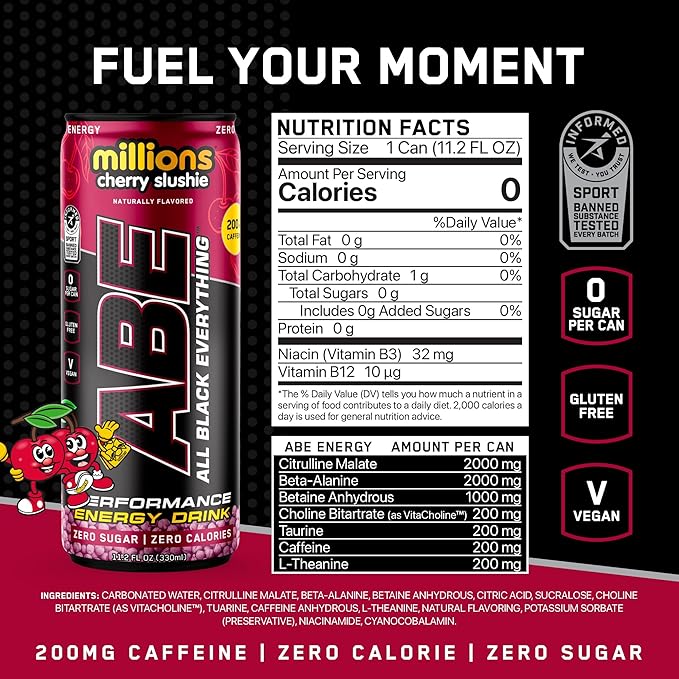 All Black Everything Performance Energy Drink | Zero Calories Sugar Free | 200mg Caffeine | Beta Alanine &amp Citrulline | Pre-Workout Sport Drink for Men &amp Women | Cherry Millions | 12 Pack