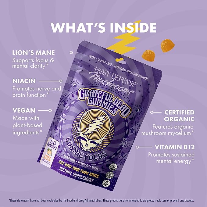 Host Defense Cosmic Focus Grateful Dead Gummies - Mushroom Gummies with Lion’s Mane B12 &amp Niacin - Supports Focus Memory Brain Function &amp Mental Energy (30 Servings)