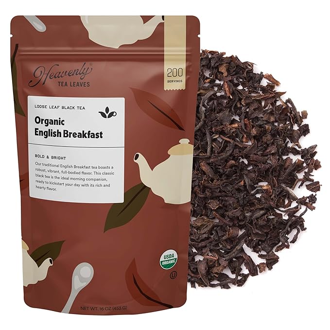 Heavenly Tea Leaves Organic English Breakfast Bulk Loose Leaf Black Tea 1 Lb. (Approx. 200 Cups) - Strong Full Bodied Brisk Great For Hot Or Iced Tea Naturally Caffeinated Premium Quality