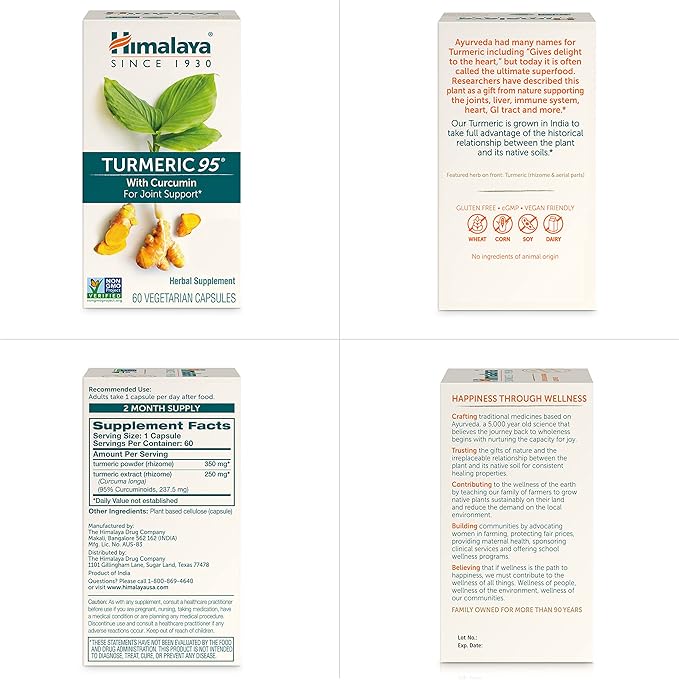 Himalaya Turmeric 95 Supplement with Curcumin/Curcuminoids Joint and Muscle Support Optimum Flexibility and Mobility 600 mg Non-GMO Vegan Gluten Free 60 Capsules 2 Pack 60 Day Supply