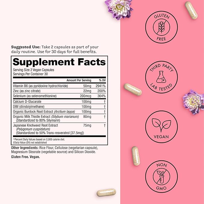 Winged Wellness Balanced Babe Hormone Balance &amp Estrogen Detox Supplement for Women - 100mg DIM &amp Milk Thistle for PMS Bloating Cramps Mood Hormonal Acne &amp PCOS Support 60 Capsules