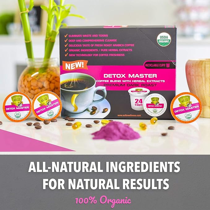 SOLLO Organic Detox Coffee Pods Supports Diet &amp Metabolism with Herbal Extracts Bold Dark Roast Single Serve Pod Compatible with Keurig K-Cup Brewers 24 Ct