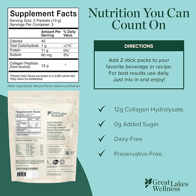 Great Lakes Wellness Collagen Peptides Powder for Skin Hair Nails Joints &amp Digestion - Variety Flavors - Quick Dissolve Hydrolyzed Non-GMO Kosher - 12 Sticks