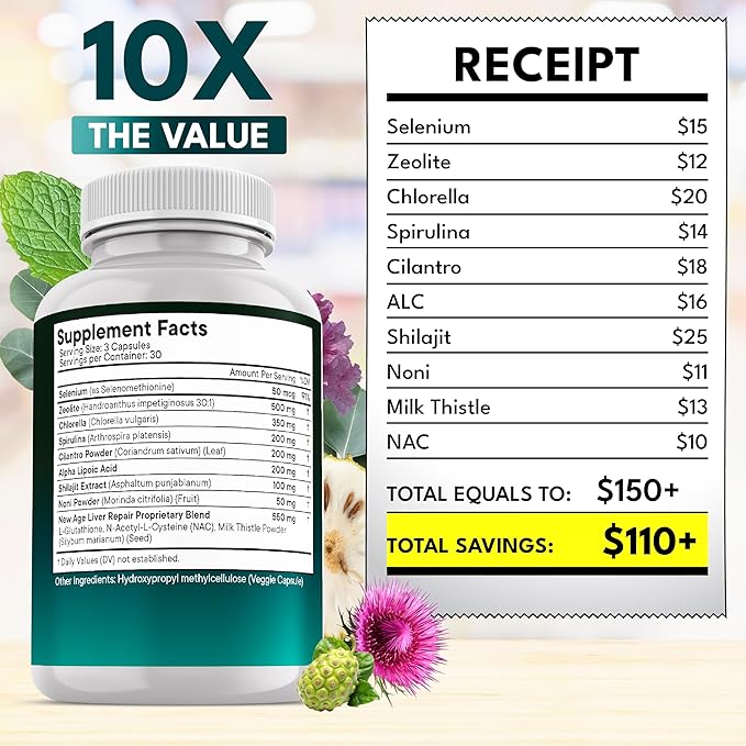 NEW AGE Liver Cleanse &amp Repair - Help Support Gut Health and Energy - Zeolite for Adults with Noni Glutathione NAC Chlorella Spirulina ALA Cilantro Milk Thistle &amp Shilajit - 270 Count