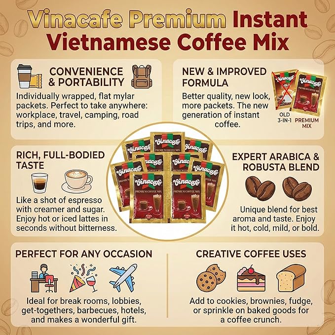 Premium 3 in 1 Instant Coffee Mix New &amp Improved Version Unique Blend of Both Arabica &amp Robusta Coffee Beans 96 Count Packets (4 Bags)