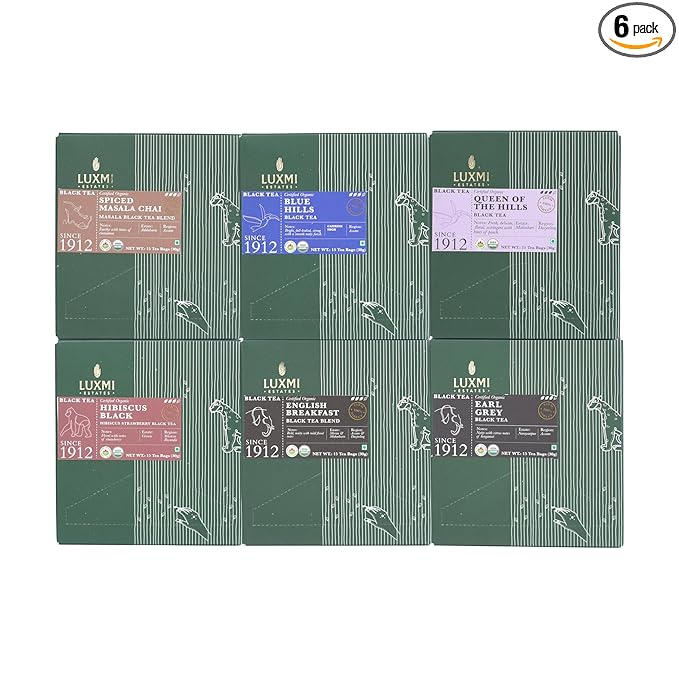 Luxmi Estates - Organic Black Tea Assortment Pack of 6-90 Tea Bags - USDA Organic Non-GMO All Natural