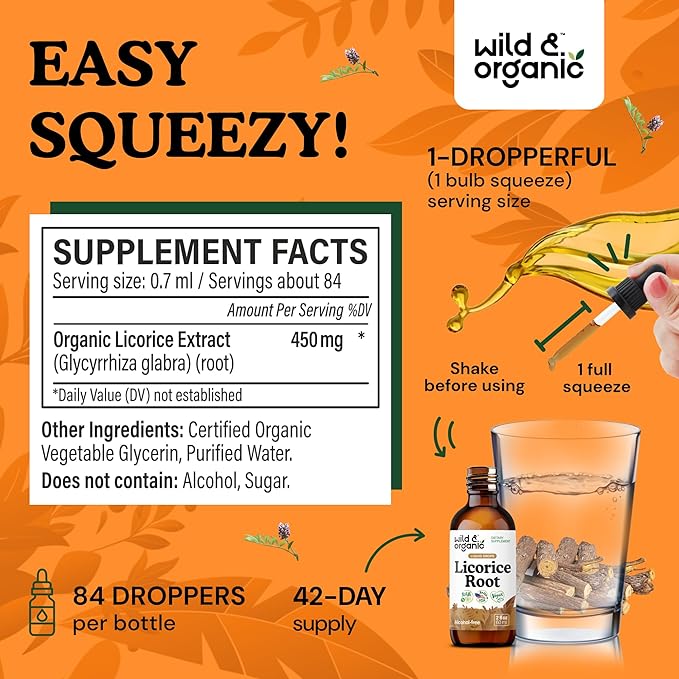 Wild &amp Organic Licorice Tincture - Digestive Support - Pure Licorice Root Extract Drops - Glycyrrhiza Glabra - Vegan Sugar &amp Alcohol-Free Supplement - 2 fl oz