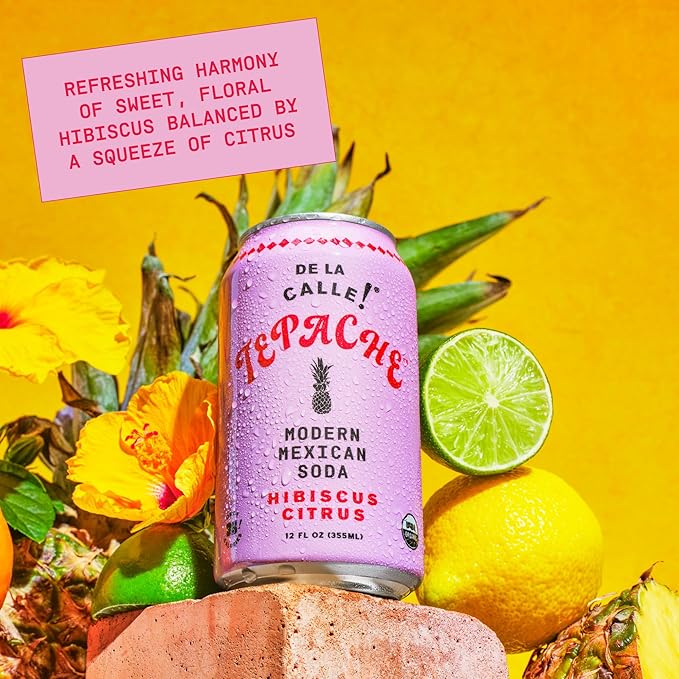 De La Calle Tepache - Hibiscus Citrus - Modern Mexican Soda - Craft Fermented Pineapple Sparkling Beverage - Certified Organic Antioxidant Rich Non-Alcoholic Healthy Soda Low Sugar Low Calorie N