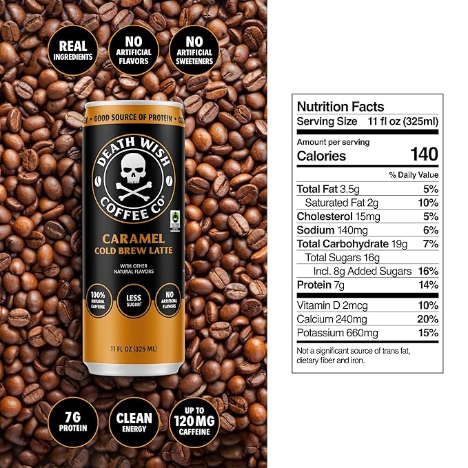 Death Wish Coffee Iced Coffee Cold Brew 8g Protein Fair Trade (Caramel Latte)